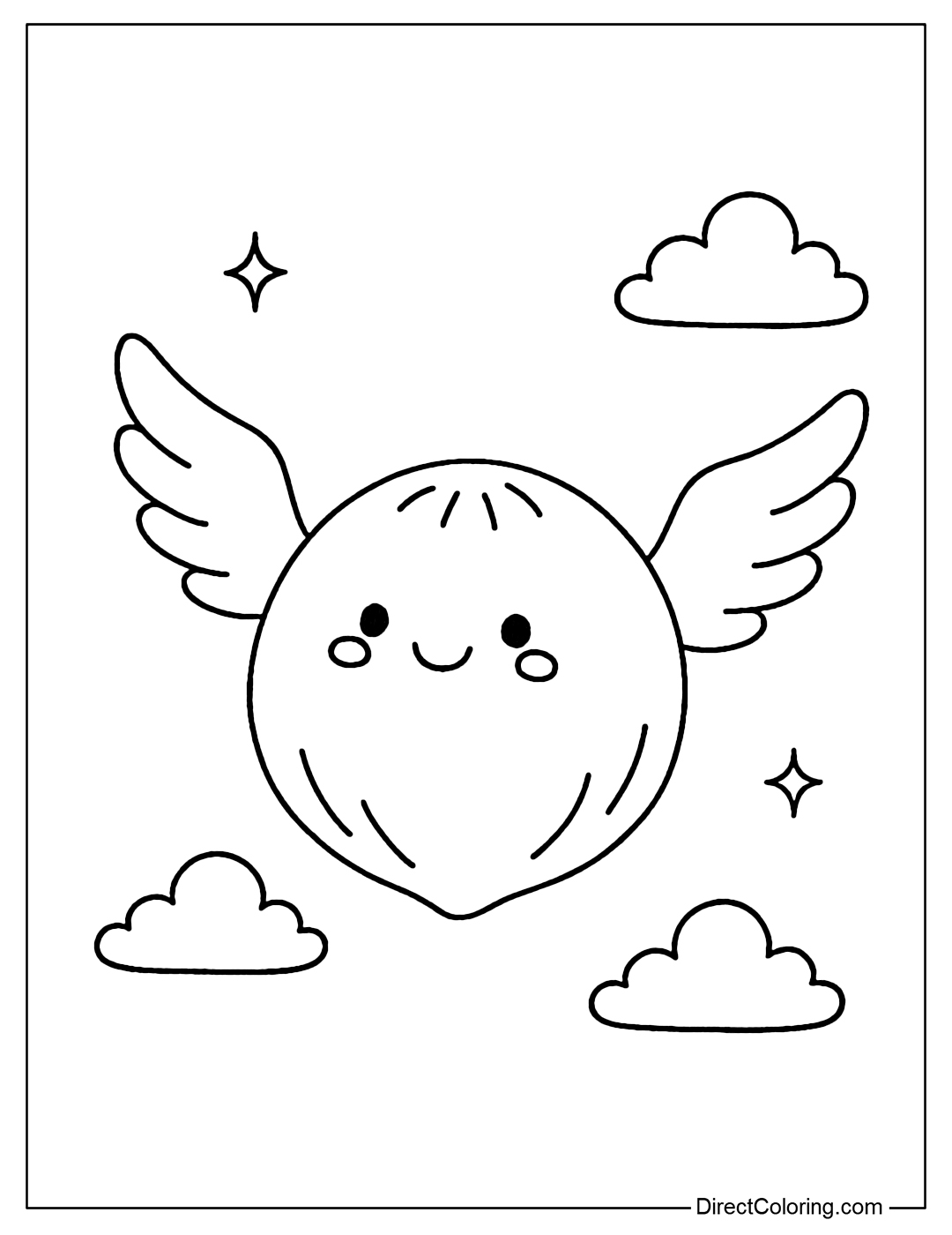 Coconut Coloring Page with wings, flying between the blue sky and white clouds.